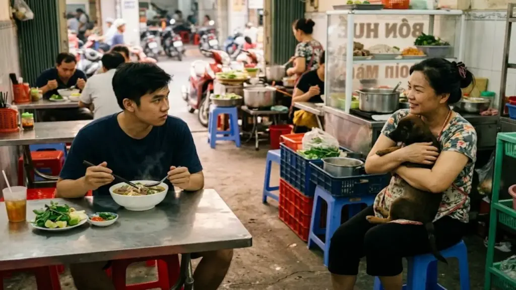 Bà chủ quán ôm chó cưng sau khi làm bún bò cho khách