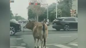 Con bò kiên nhẫn đứng chờ đèn đỏ để sang đường