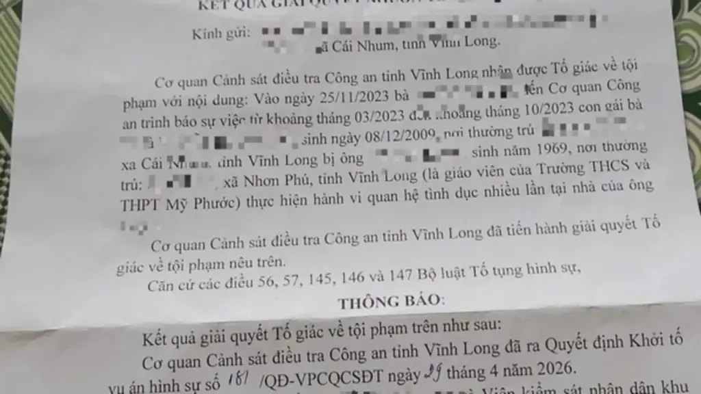 Khởi tố vụ án giao cấu có liên quan thầy giáo dạy toán ở Vĩnh Long