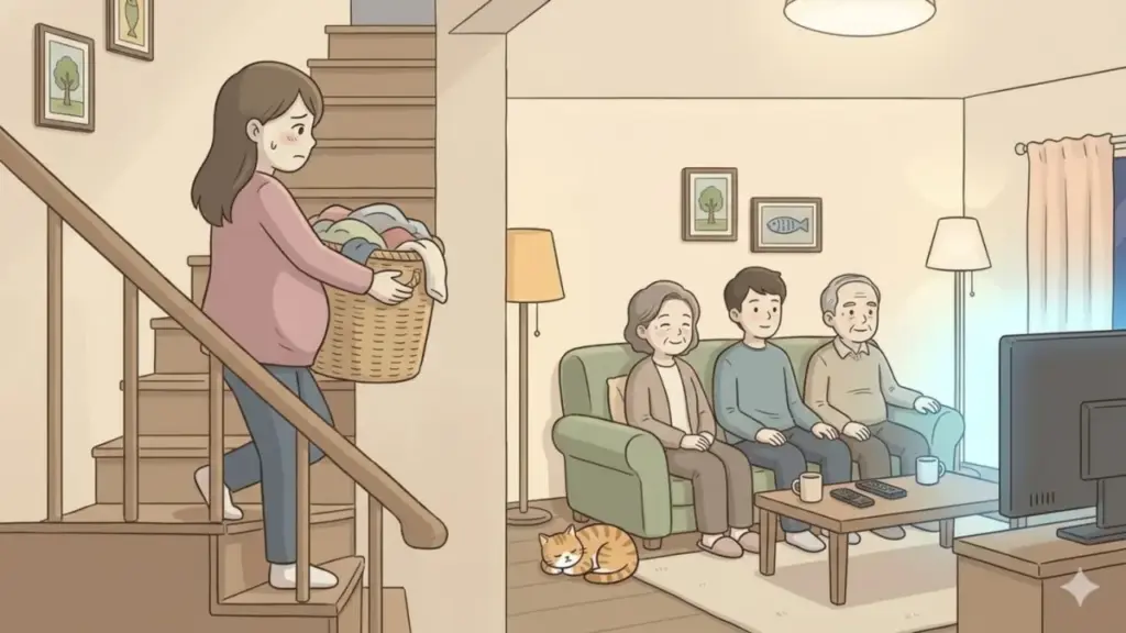 Tôi đang bầu to vẫn phải mang quần áo lên tầng năm phơi